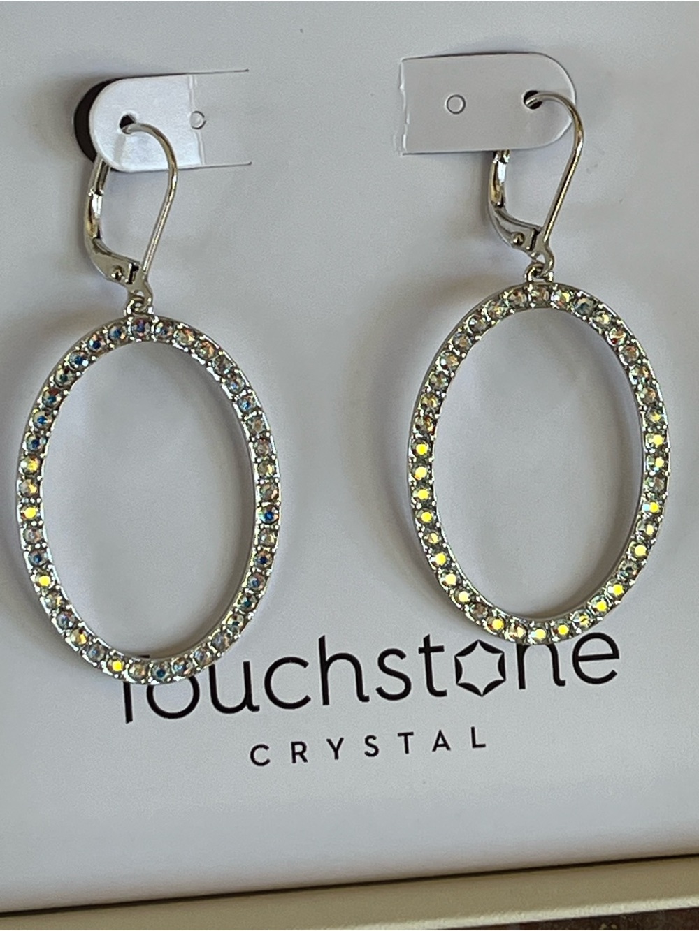 Touchstone Crystal “Dash Out” Oval Drop Earrings - Silver Aurore Borealis - Picture 1 of 10